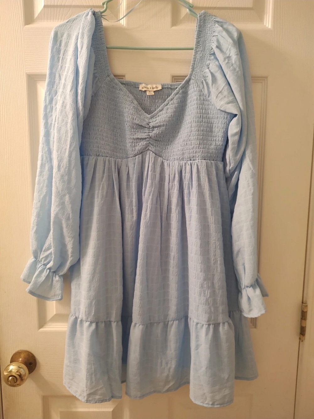 Light Blue Smocked Bodice Dress with Long Puff Sleeves